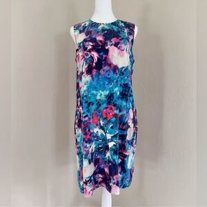 Cynthia Rowley 100% Silk Water Color Shift Dress Turquoise Hot Pink Purple 6